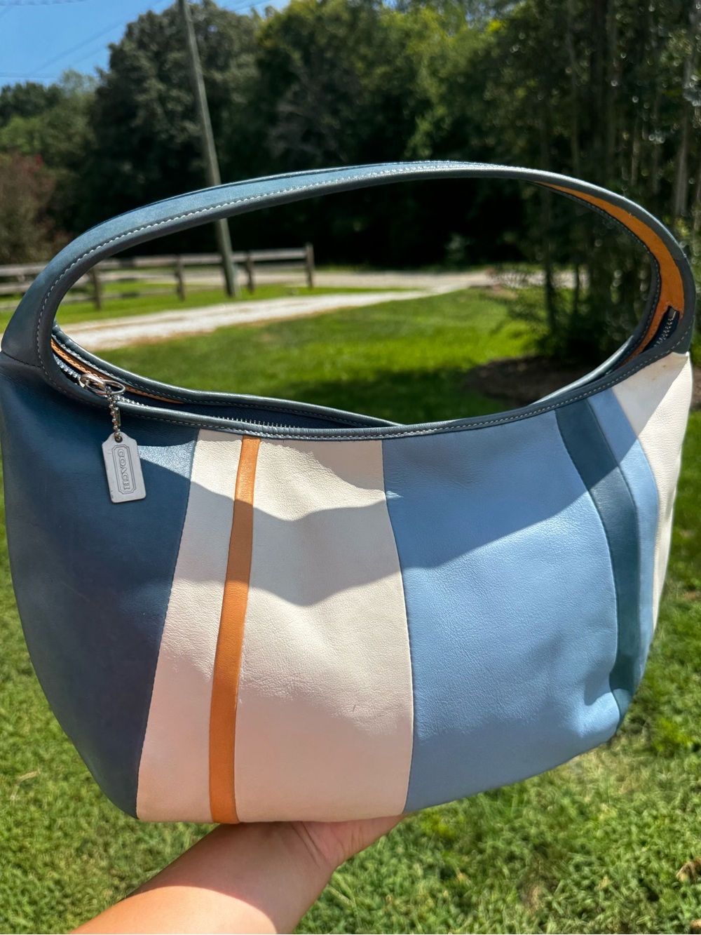 Coach vintage Blue and Cream Colorblock Leather Hobo Bag with Tan Accent